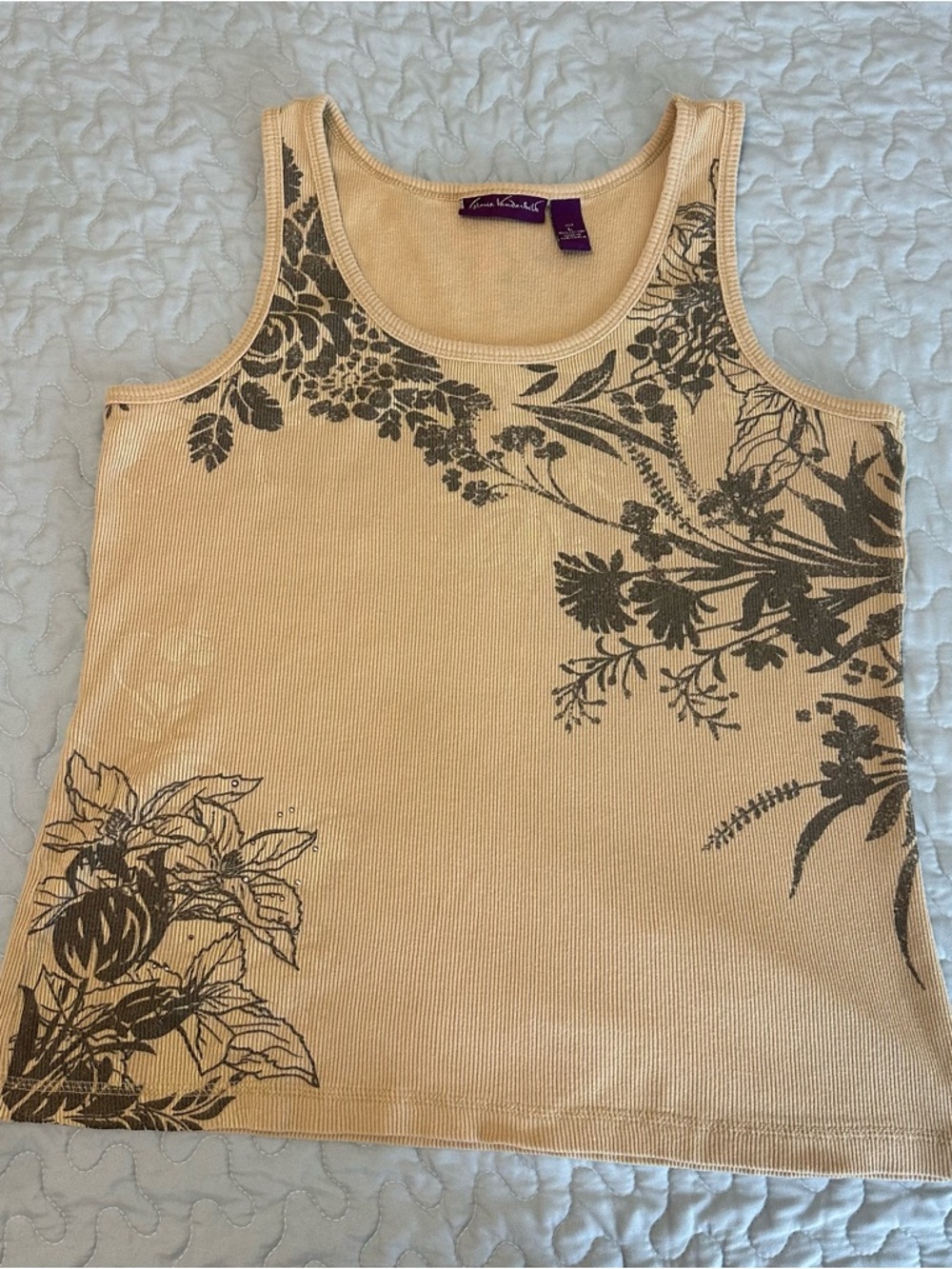 Gloria Vanderbilt Cream Ribbed Tank with Brown Floral Print